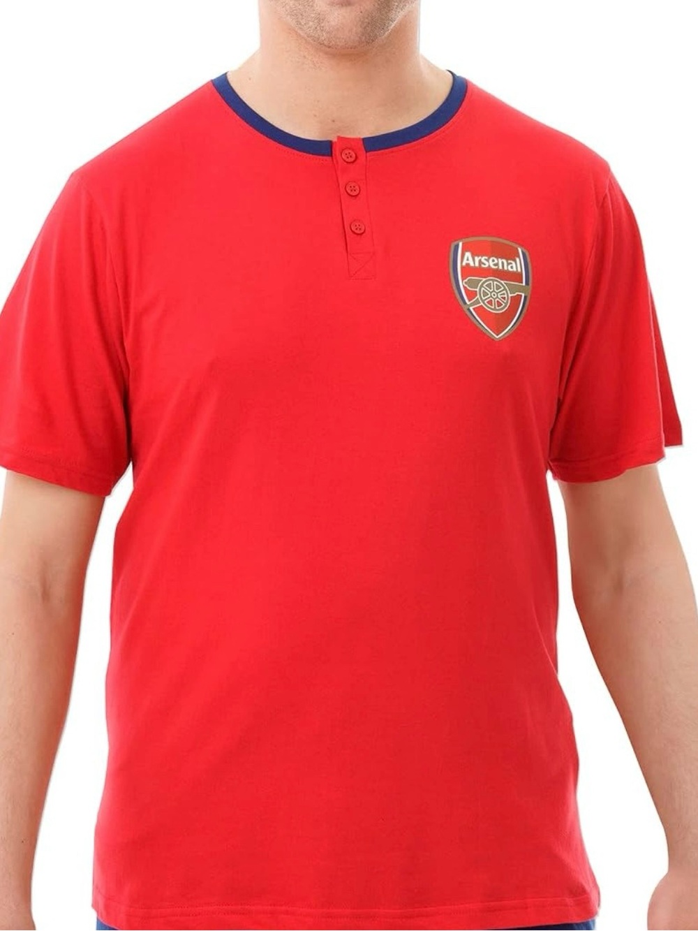 Arsenal Official Cotton Red Short-Sleeve Henley Shirt with Navy Trim